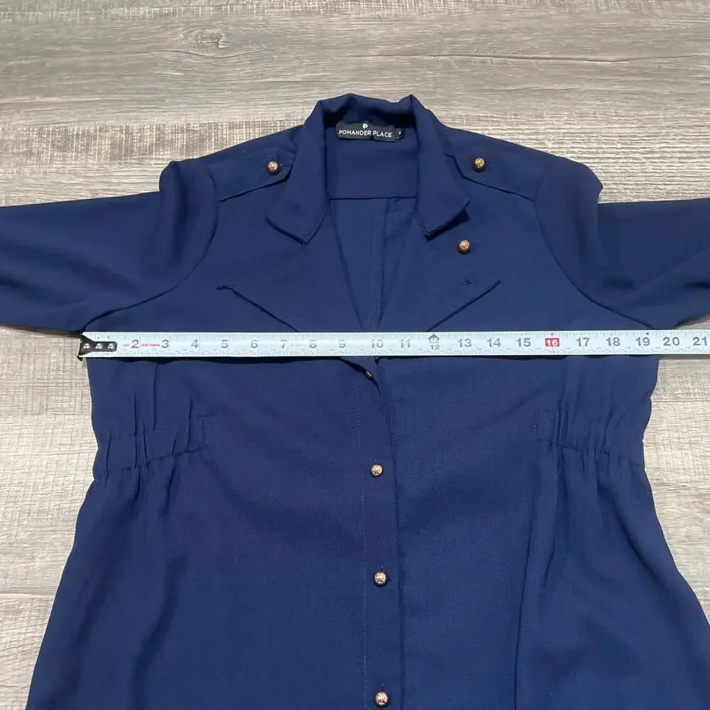 NWOT Pomander Place‎ Tuckernuck Size Small Midi Dress Navy Blue Gold Buttons